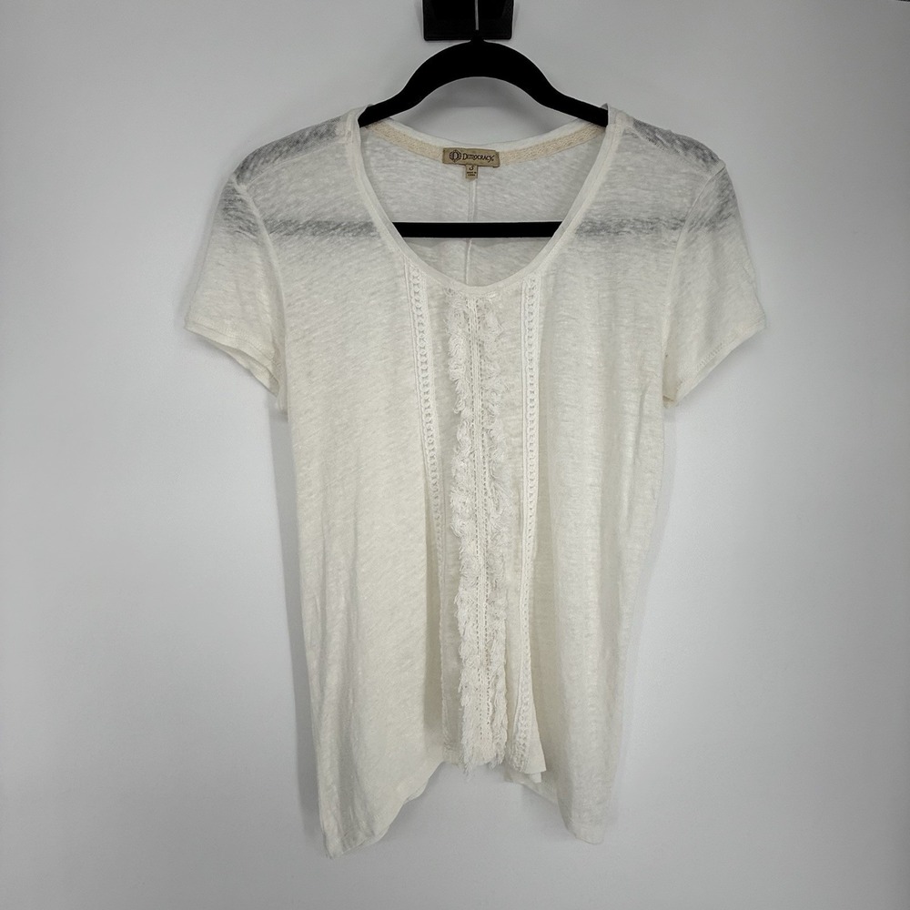 Democracy Top Small Womens White Boho Gauzy Crochet Fringe Coastal Cowgirl Beach